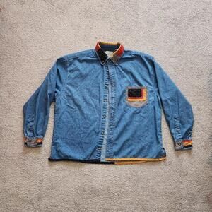 Lighthouse Apparel blue denim button up shirt with patch pocket and collar